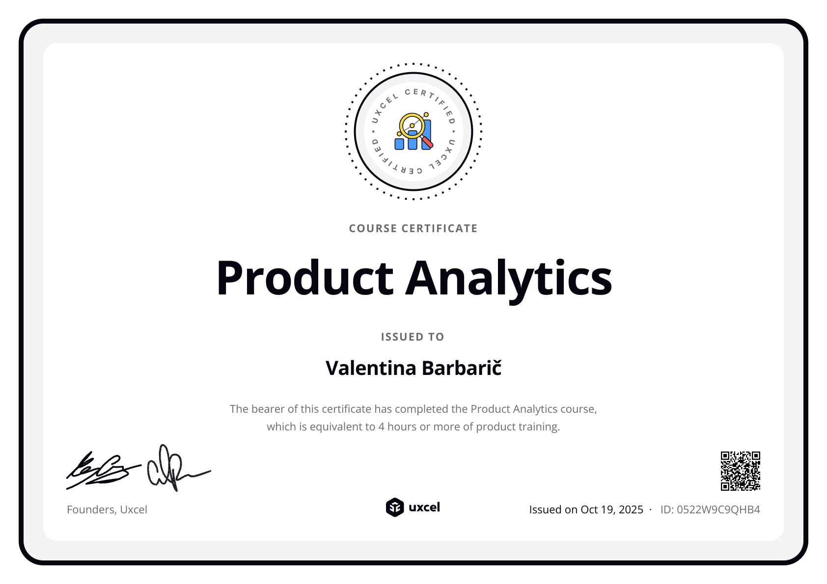 Valentina Barbarič's certificate